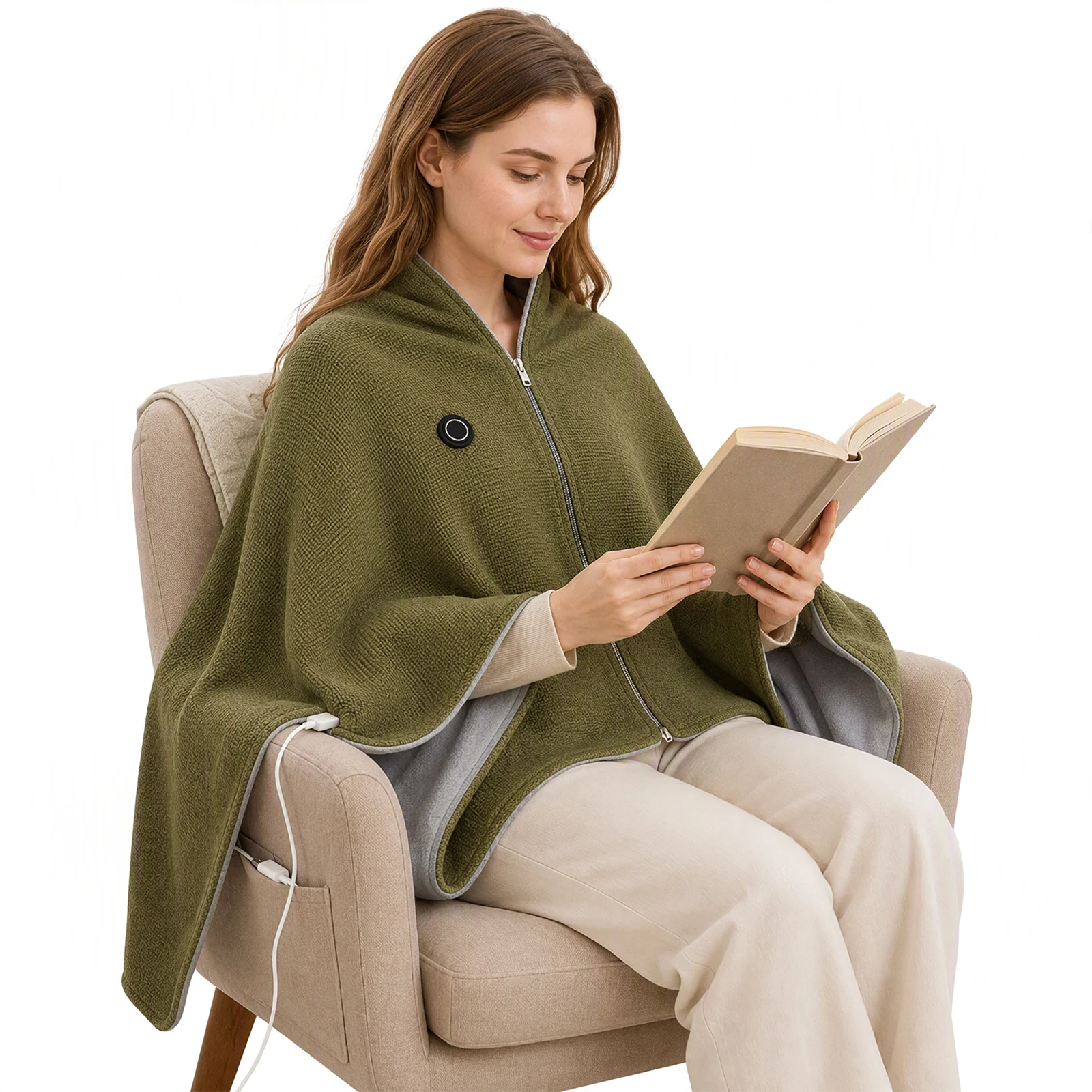 USB Heated Blanket Shawl Cape Electric Poncho Wrap 3 Heat Modes Zipper Double-Sided Fleece Lining Washable