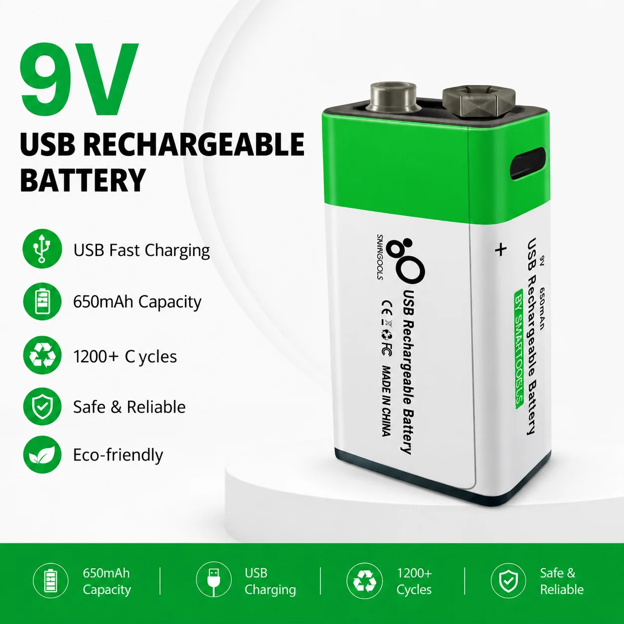 6F22 9V Li-ion Battery Rechargeable Battery 650mAh for RC Helicopter Model Multimeter Microphone +USB Type-C Charging Cable