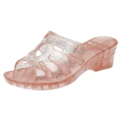 New Women's Summer Transparent Crystal One Word Wedges Slipper Soft Sole Non Slip Home Slippers Bathroom Slippers
