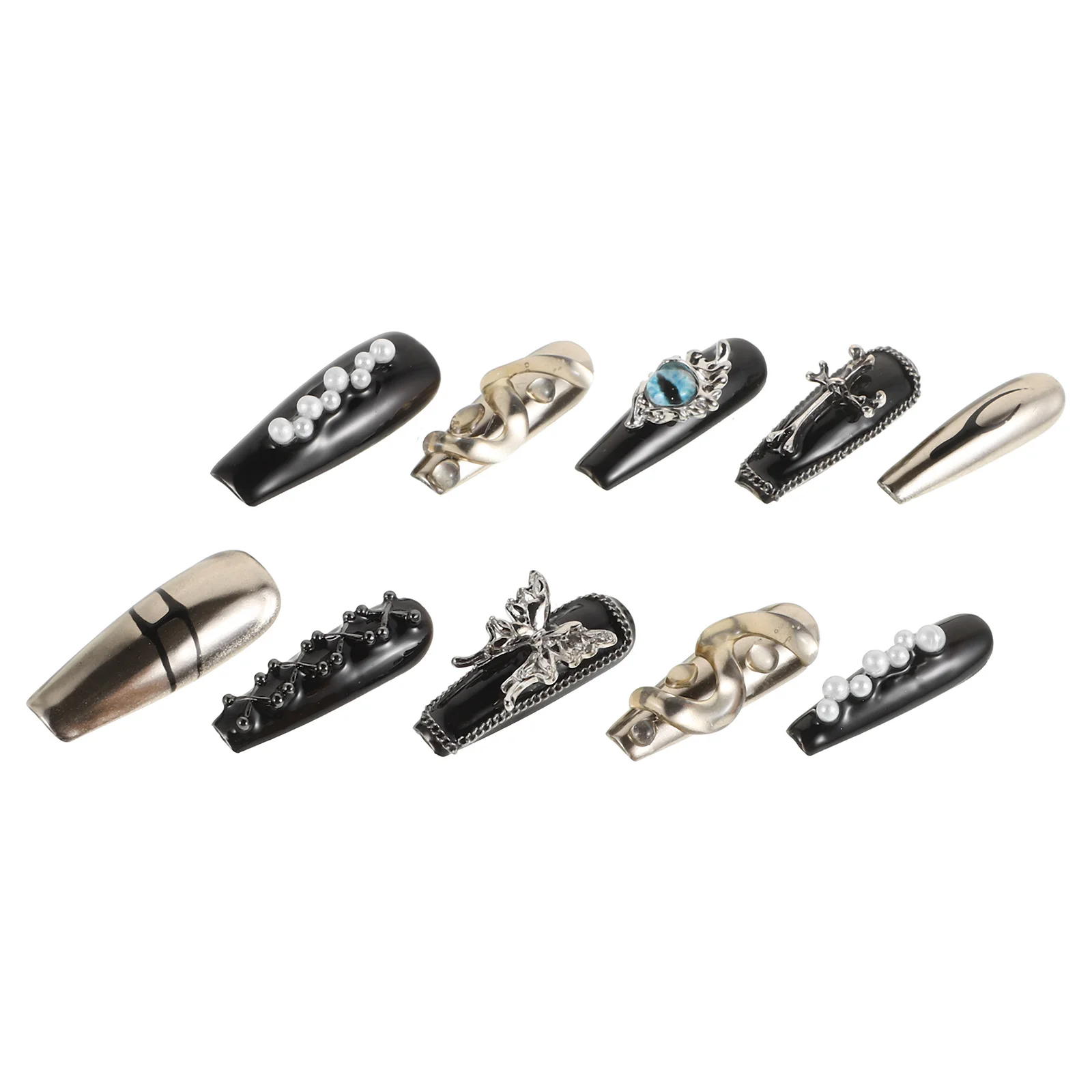 10 stuks zwarte pers op nagels volledige dekking gothic kruis vlinder nail art lange nep kunstnagels halloween party manicure