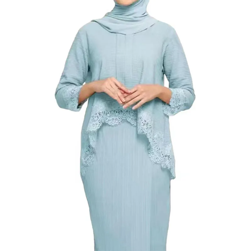 Jupe maxi plissée en dentelle pour femmes musulmanes, taille haute, vêtements islamiques, tenues arabes de Dubaï, robe Abaya, caftan, Ramadan, Eid, 2 pièces