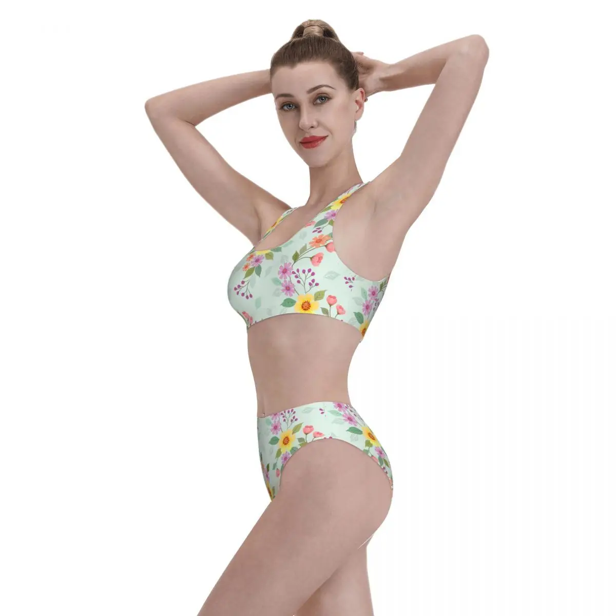 Conjunto de Bikini de cintura alta para mujer, traje de baño de 2 piezas con estampado Floral y cuello redondo, 524029766