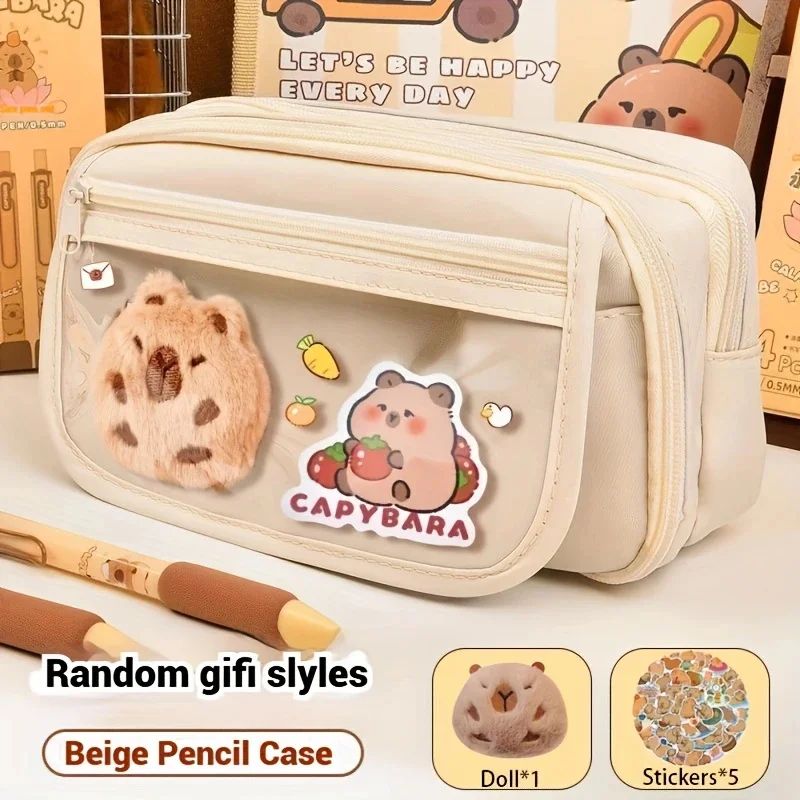 7Pcs Cute Capybara Canvas Pencil Case Set with Doll Stickers Spacious Layered Compartment Zipper Closure Back to School Supplies