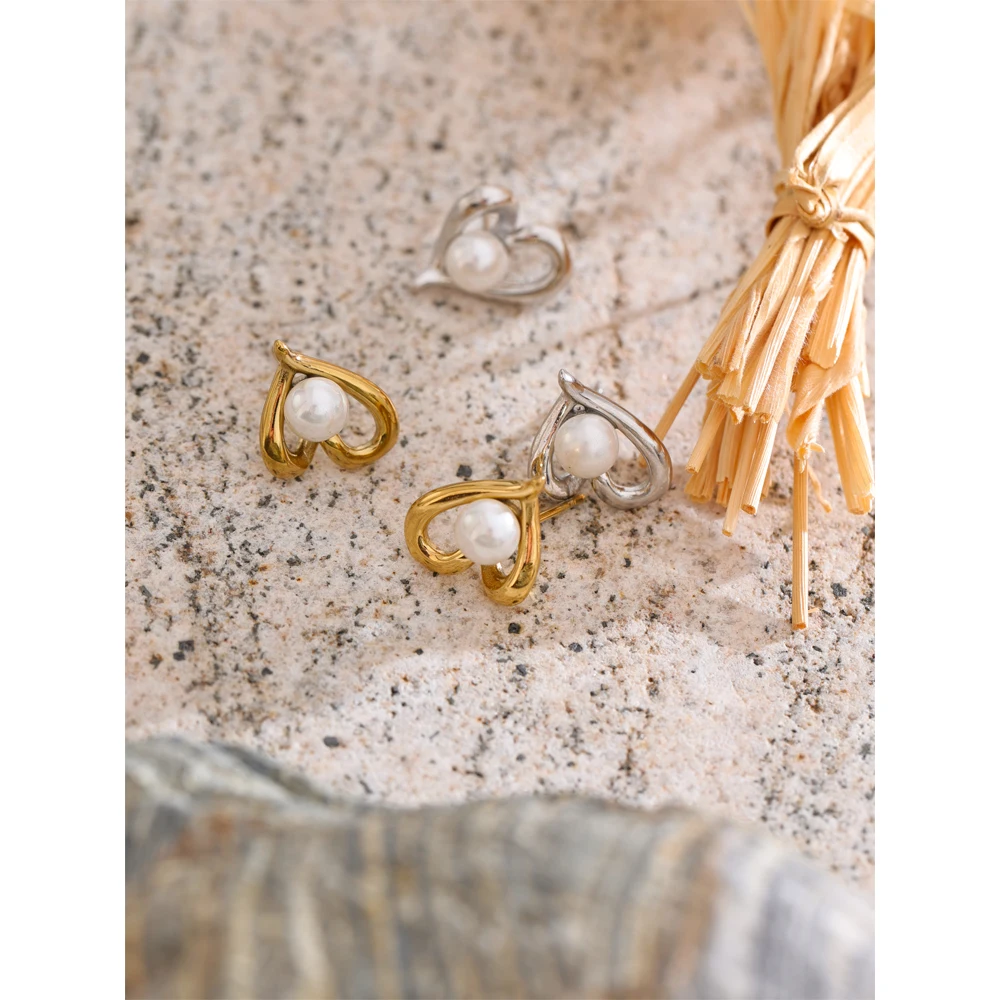 Yhpup Korean Style Simulated Pearls Heart Love Daily Stud Earrings for Women Stainless Steel Chic Versatile Jewelry New