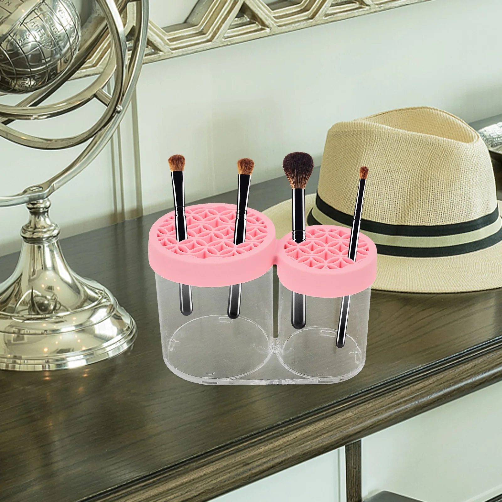 

Large Capacity Makeup Brush Organizer Pink Storage Tube Vanity Holder Organizer with Drying Rack for Eyebrow Pencil