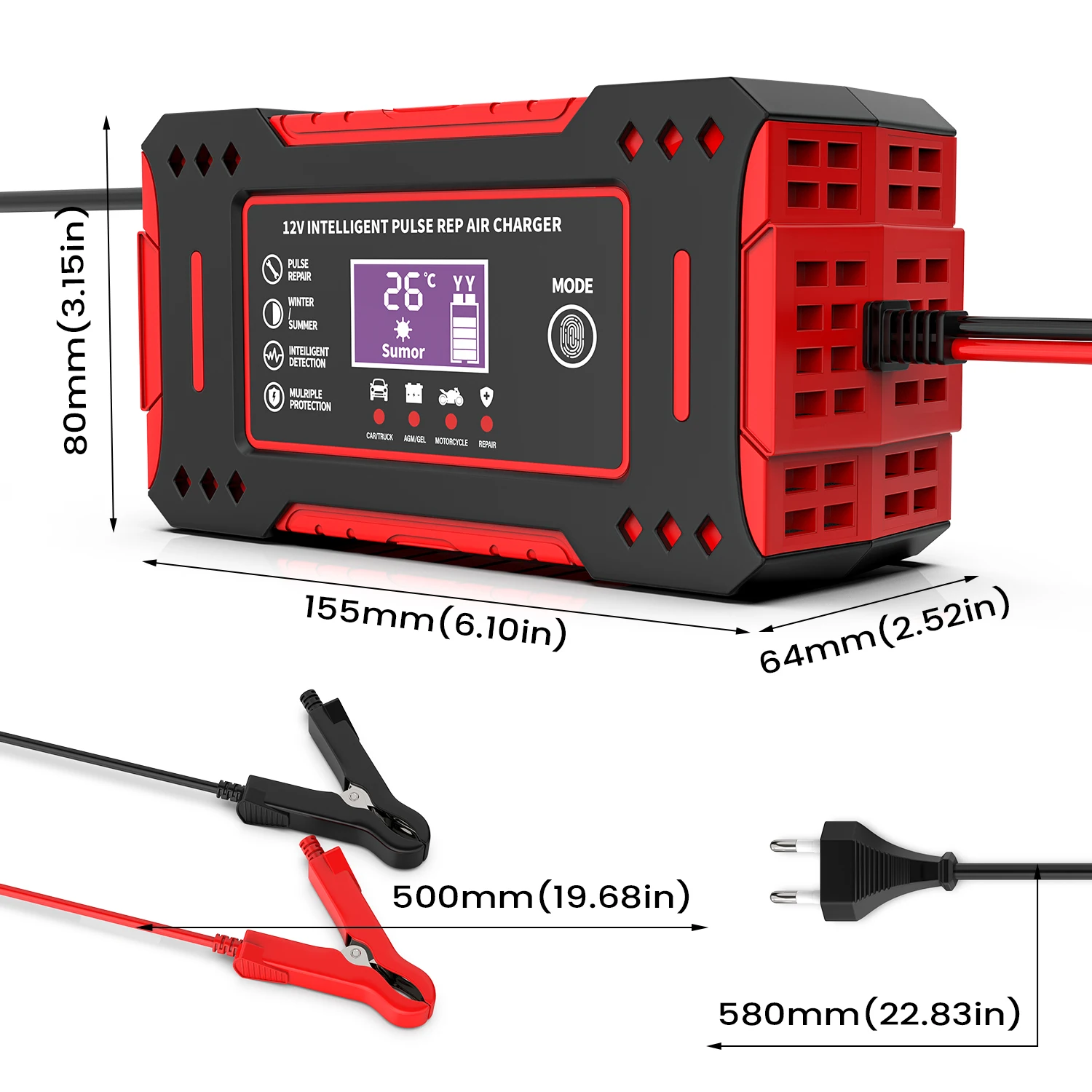 6A 12V Intelligent Car Battery Charger Car and Motorcycle Battery Charging Unit Lead-Acid Battery Repair LCD Display