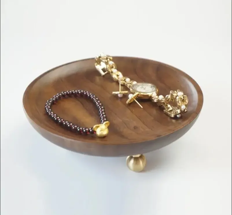 

Round Brass Wooden Tray Jewelry Storage Trays Organizer Plate Rack Box Serving Decorative