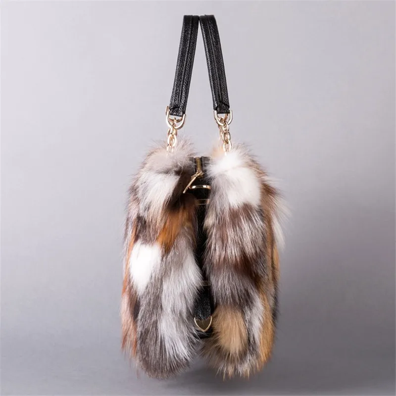 Women Winter Real Fox Fur Handbag Luxury Genuine Fur Party Bag Tote High Quality Designer Evening Bag Fur Leather Female