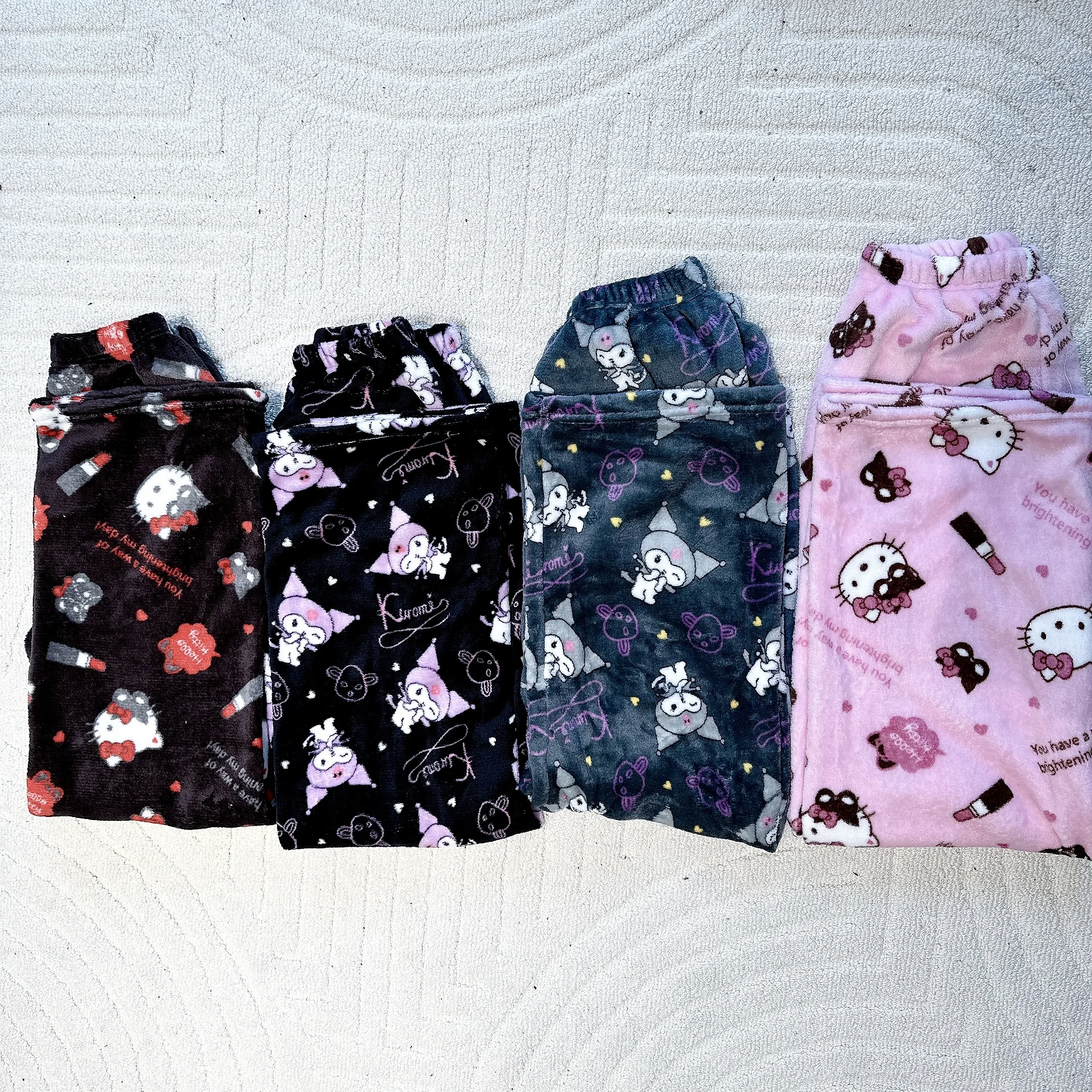 Kawaii Sanrio Hello Kitty Flannel Pajamas Women Warm Woolen Cartoon Casual Autumn Winter Home Pants In Cartoon Fashion Trousers