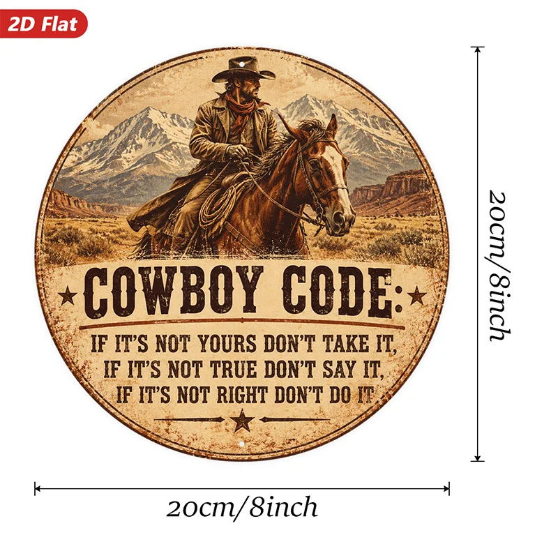 2D Flat, 1pc Western Cowboy Quote Round Metal Sign Wall Art, Home Decor, Cowboy On Horse, Mountain Backdrop, Suitable for Entryw