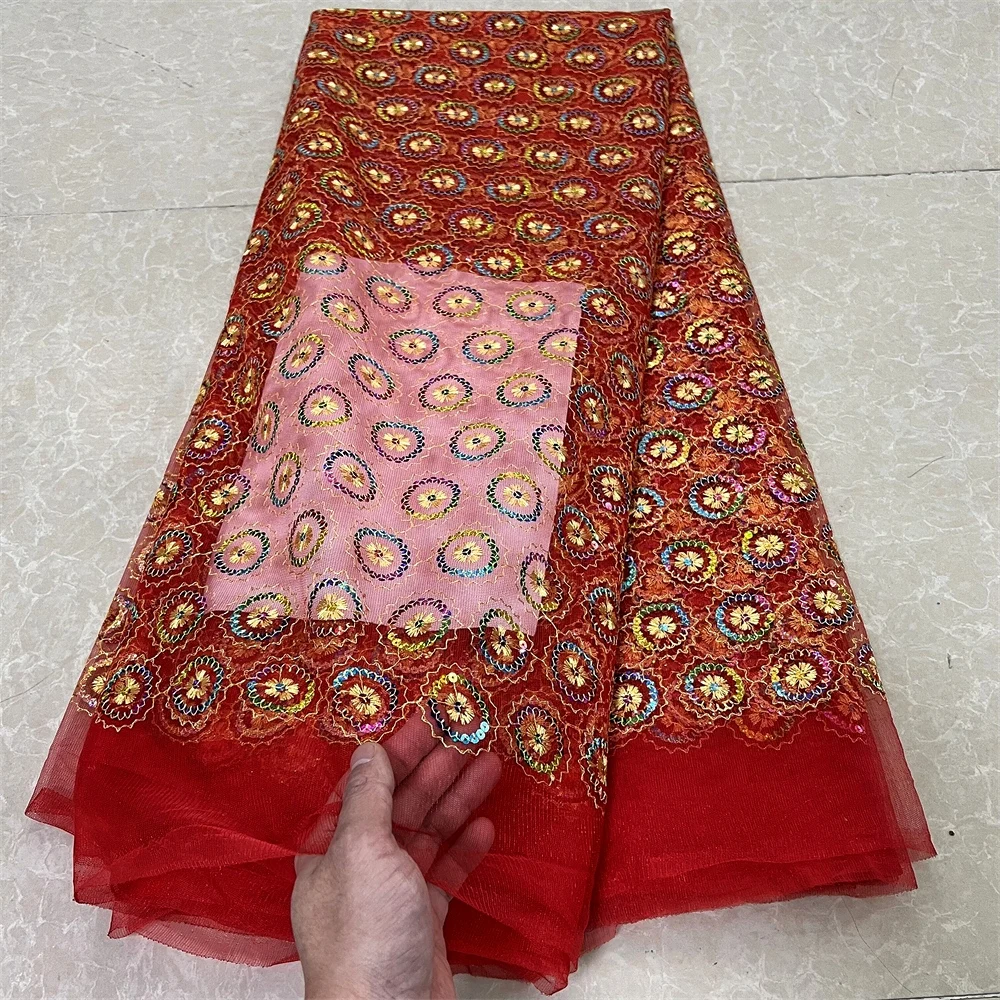 الأفريقي النيجيري عالية الجودة 2025 الترتر تول لفساتين الحفلة الراقصة الدانتيل النسيج التطريز صافي القماش الخرز الخياطة 5 ياردة ZJ049