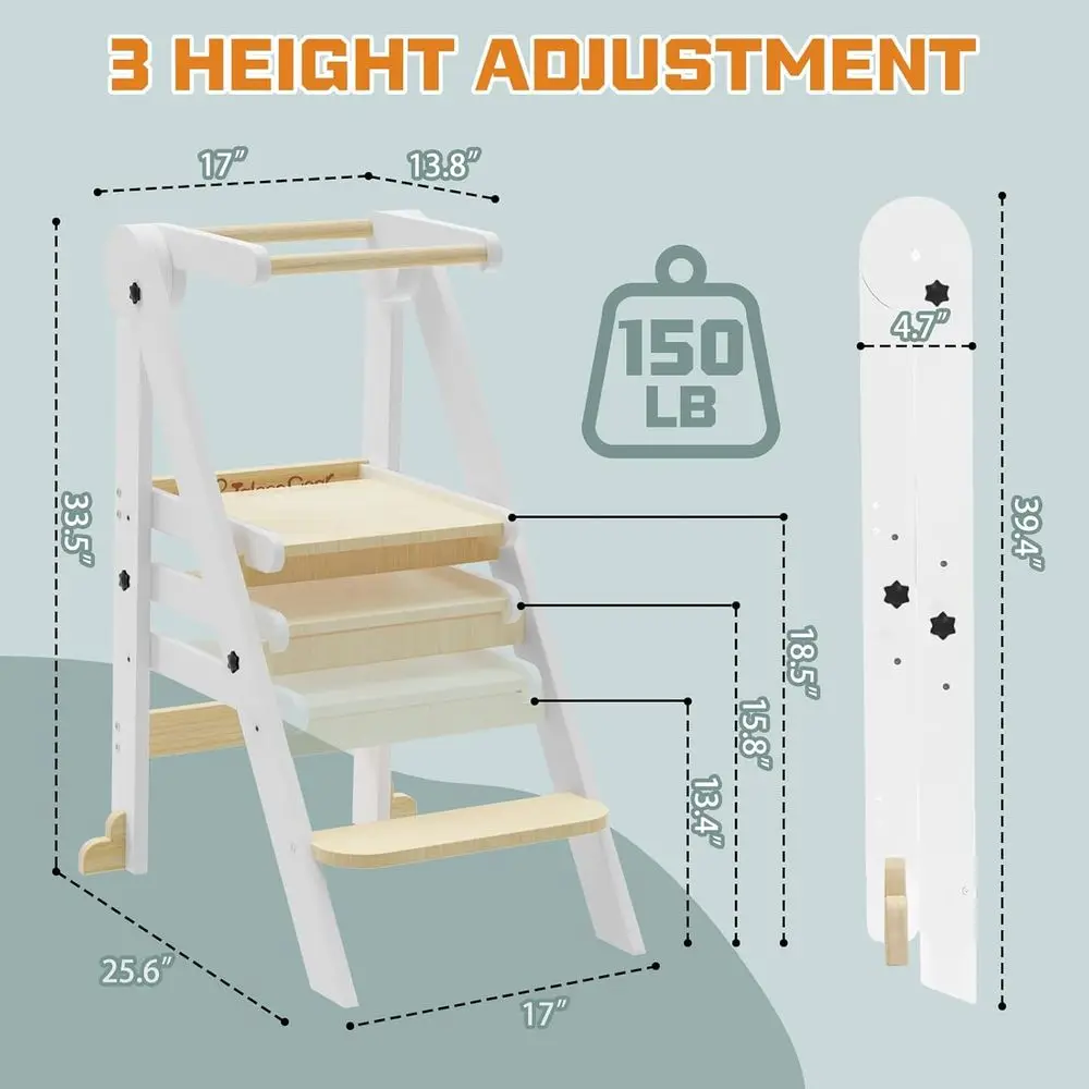 Foldable Wooden Toddler Kitchen Helper Stool, 3-Height Adjustable, Collapsible Safety Seat for Kids - Nature-Tone