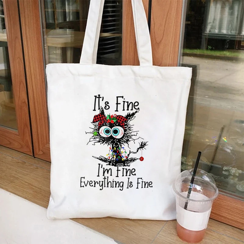 I'm Fine Everything Is Fine Canvas Bag for Women Shopper Funny Christmas Lights Cat Handbags Reusable Shoulder Tote Hand Bag