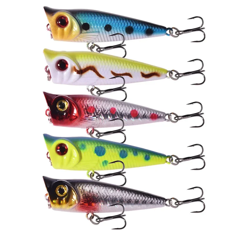 

5 Pcs Top Water Mini Popper Mixed Color Fishing Lure Set 5cm 4.8g Minnow Wobblers Artificial Plastic Bait with Treble Hooks