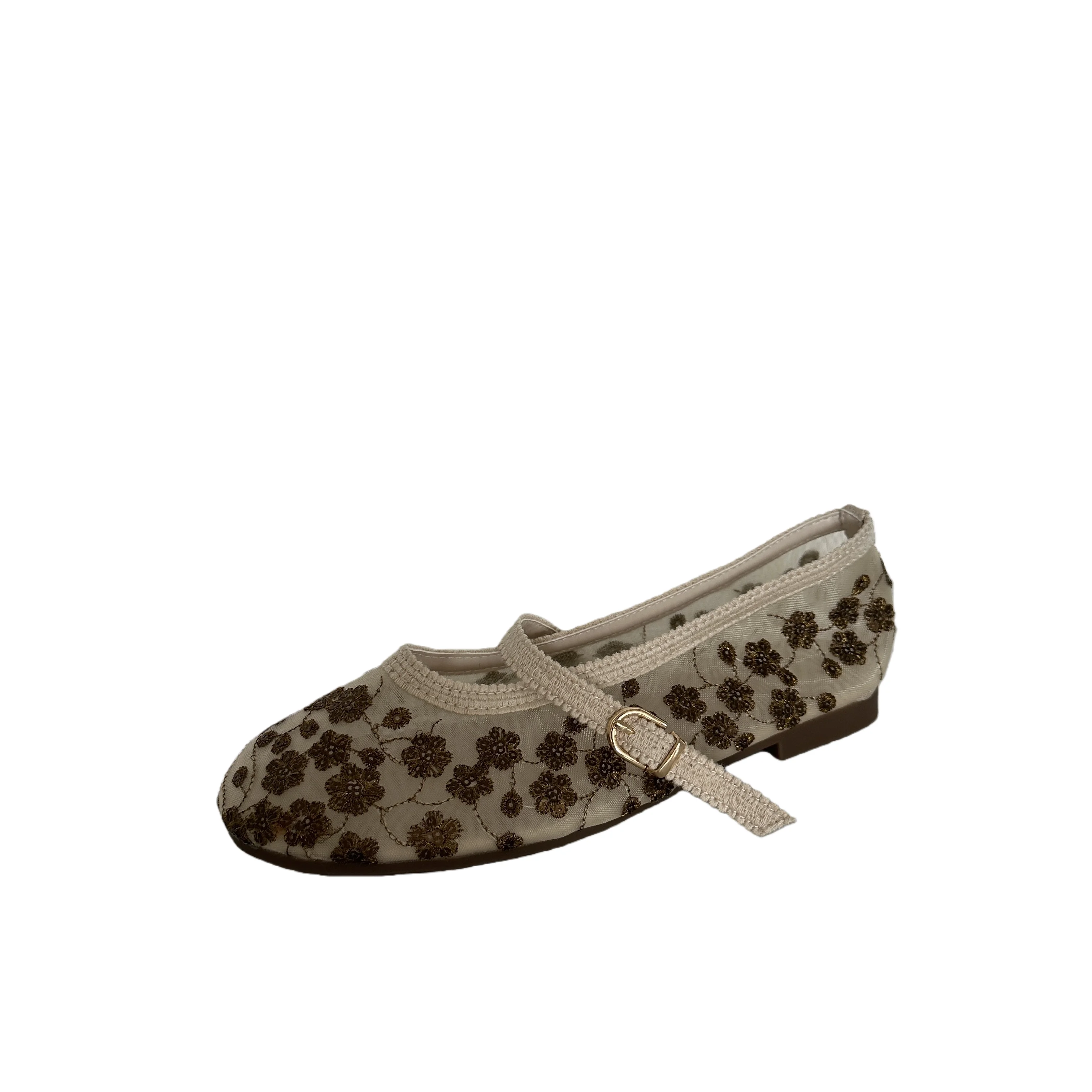 

Woman Flats Summer Mesh Mary Jane Shoes Beige Embroidery Beading Comfort Ballet Flat Plus Size 42 43 Round Toe Ladies Shoes