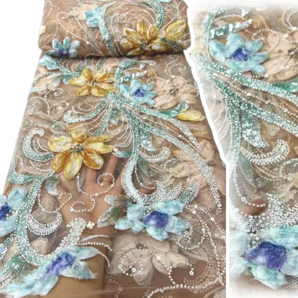 

3D Handmade Beads with Feather Embroidery French Sequin Lace High-End African Nigeria Fabric for Evening Wedding Dress 5Y TP1459
