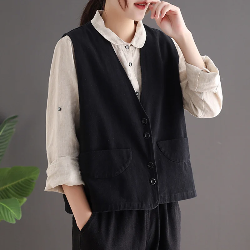 Chaleco de algodón completo vintage de primavera, camiseta sin mangas artística de talla grande para mujer, chaleco de color con un solo botón de talla grande, ort J...