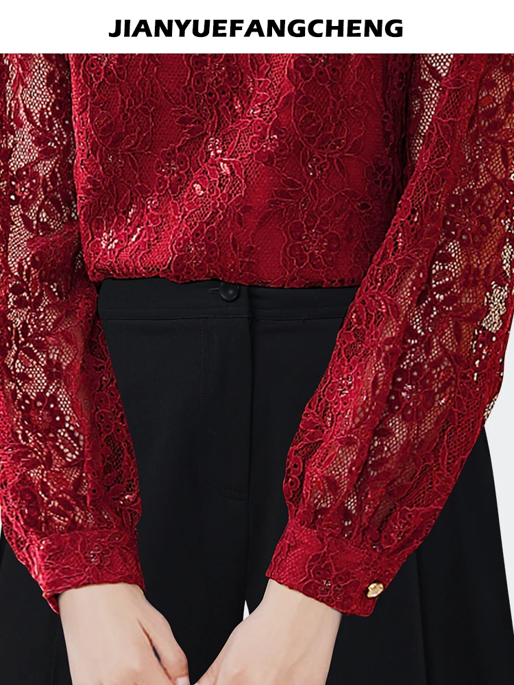 Fashion Women Crew-neck Red Lace Blouse Long Sleeve Hook Flower Hollow Beaded Shirt Loose Plus Size Ladies Casual Top Shirts