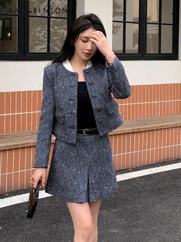 

Temperament Commuting Woolen Short Coat High Waist Slim Mini Skirt Two Piece Sets Womens Outifits French Socialite Skirt Sets