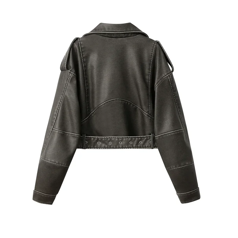 2026 New Coal Graysty Le Women's Washed Leather Jacket with Belt, Short Coat with Downgraded Zipper and Vintage Lapel Jacket