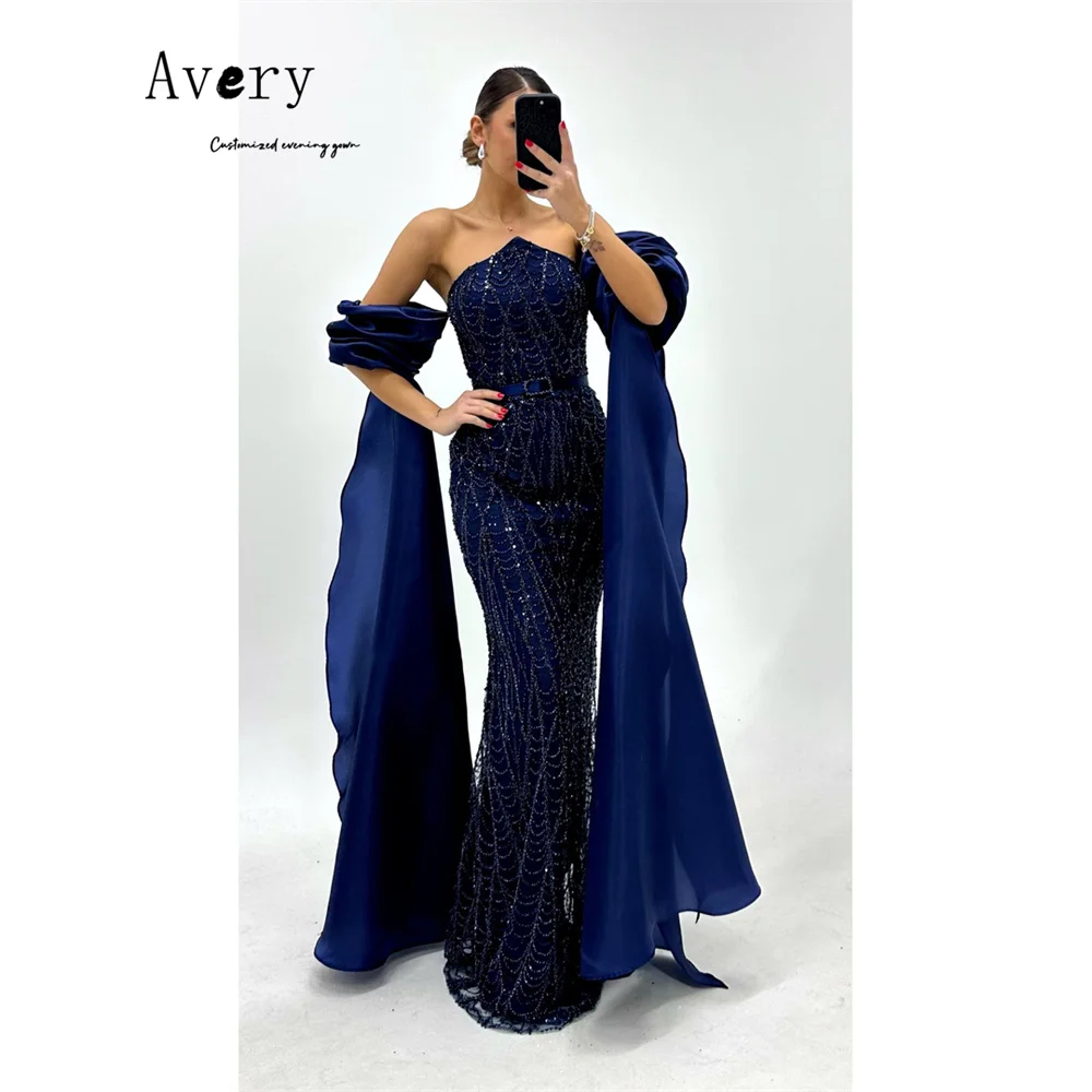 

Элегантное вечернее платье Avery Custom синего цвета без бретелек, расшитое бисером, фасон «рыбий хвост», роскошное вечернее платье 2026 года для женщин, выпускное платье для женщин