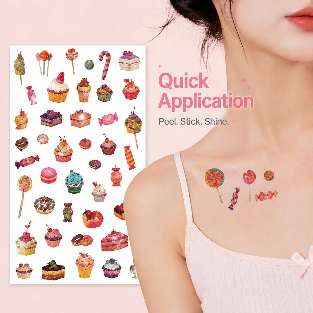 10Pcs Waterproof Glitter Tattoo Stickers Cute Cake Cupcake Candy Design Temporary Body Art Decals For Festival Party Use
