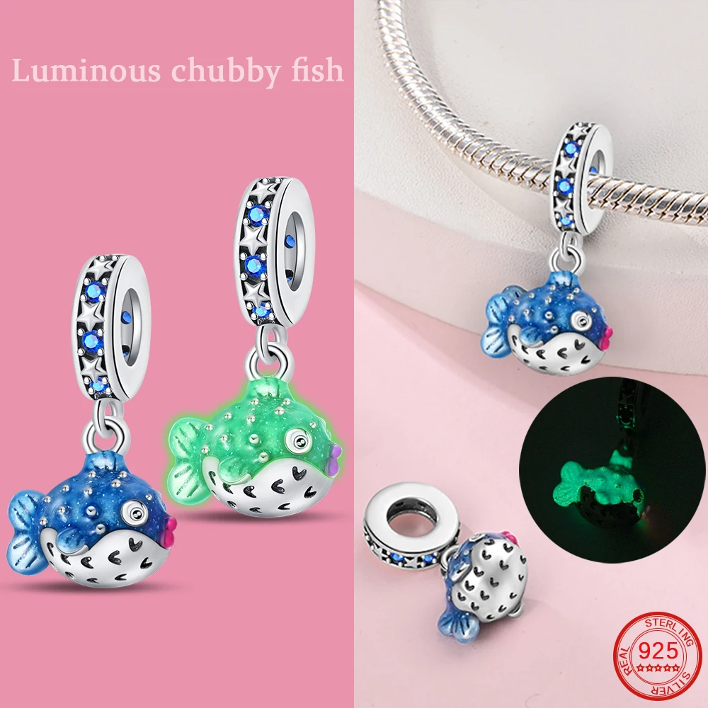 Popular 925 Sterling Silver Blue Charm Bead Luminous Chubby Glow-in Dark Fish Pendant Fit DIY Fine Jewelry Gift New