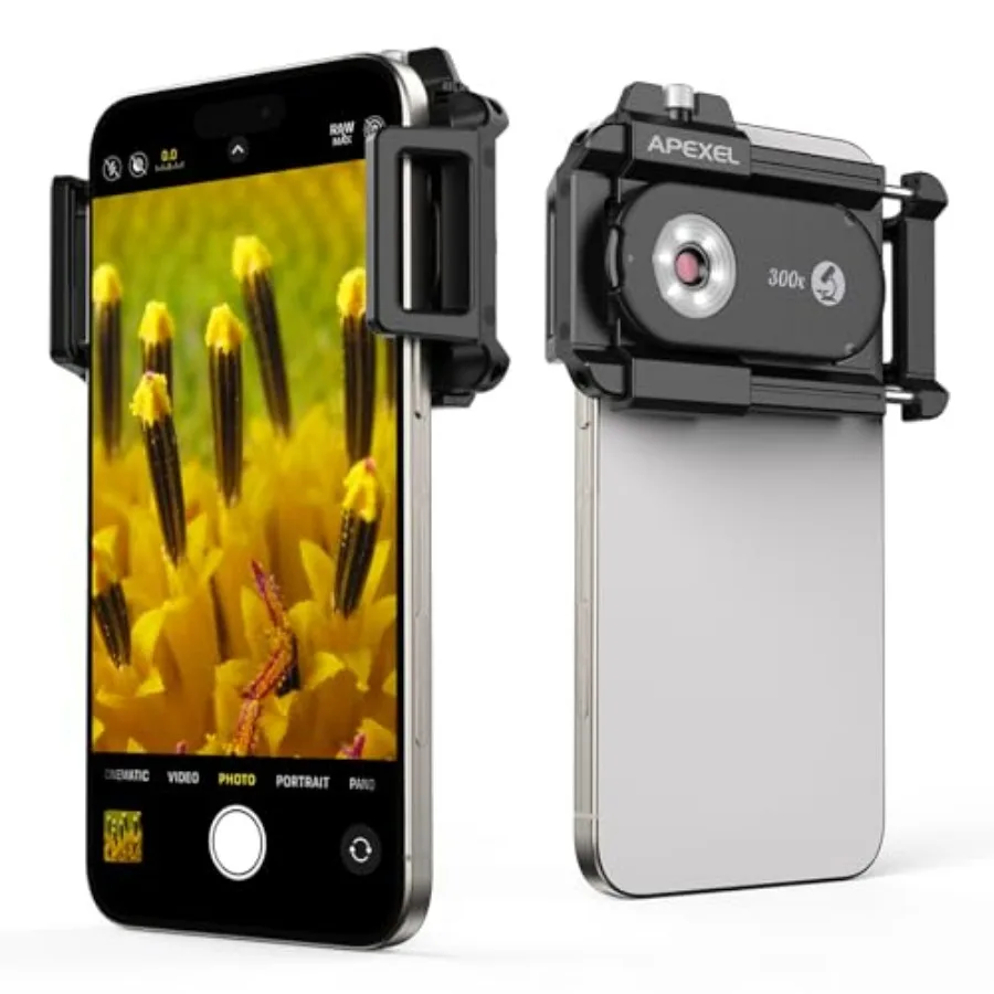 

APEXEL 300X Phone Microscope Lens with Universal Clip and LED Light for iPhone 16/15/14/13 S Most Smartphones Transparent Mini