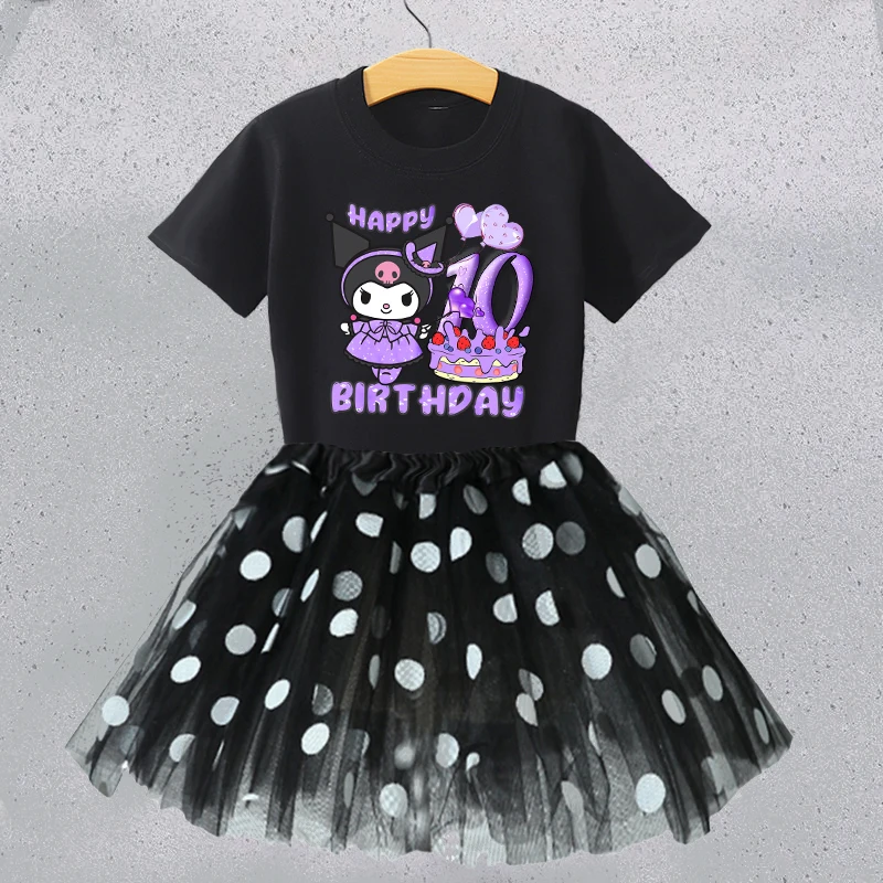 Kawaii Kuromi عدد تي شيرت لطيف فتاة عيد ميلاد الملابس مجموعة الكرتون المحملة القمم البولكا نقطة تول تنورة 2 قطعة فستان طفل ملابس رسمية