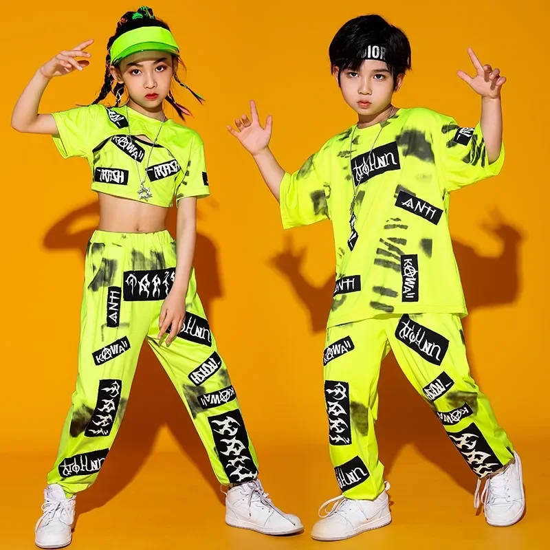 Kid Cool Hip Hop abbigliamento ragazza ragazzo Jazz Dance Costume vestiti verde Crop canotta T Shirt stampa Casual Street Jogger Pants