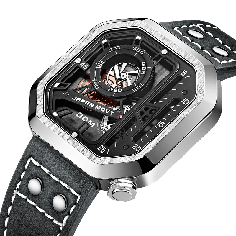 DOM Fashion Cool black creative timing calendar quartz watch skeleton punk style square large dial waterproof men's watch