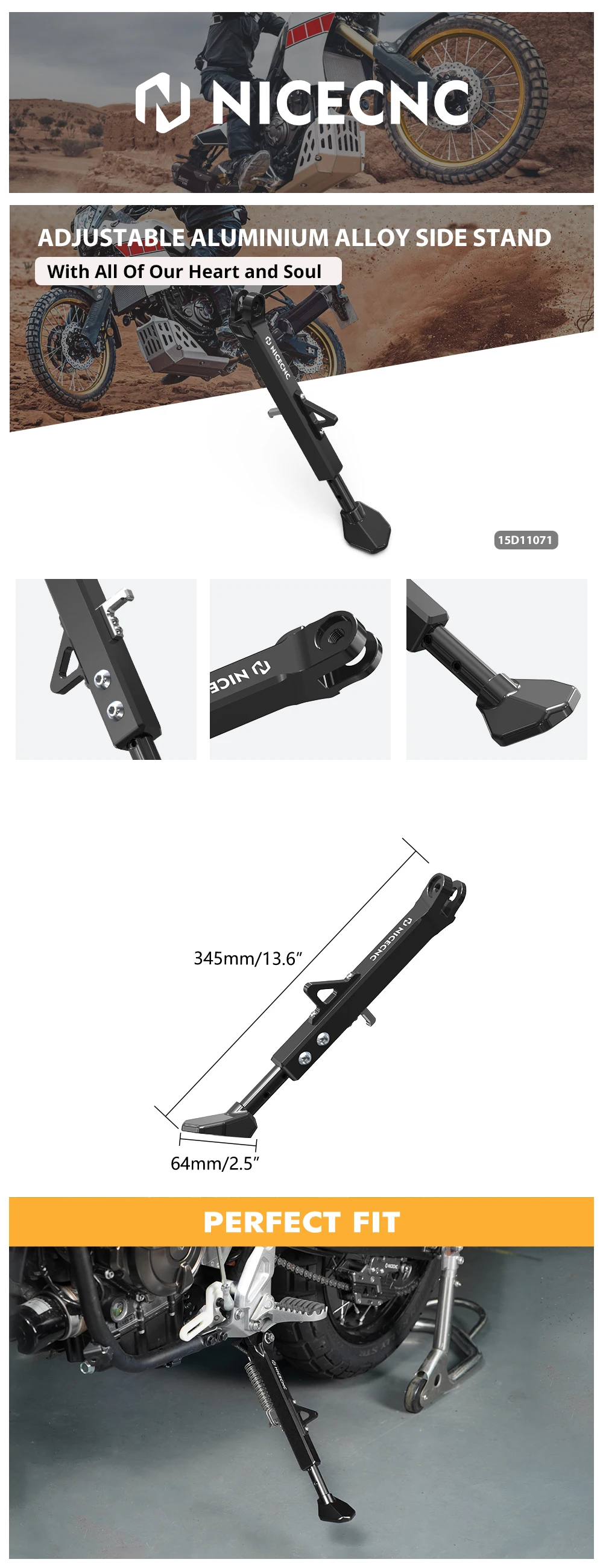 NICECNC Für Yamaha Tenere 700 2019-2024 Seitenständer 25-50mm Verstellbar Tenere700 Rally 2020-2024 XTZ700 XTZ 700 – Detail 1