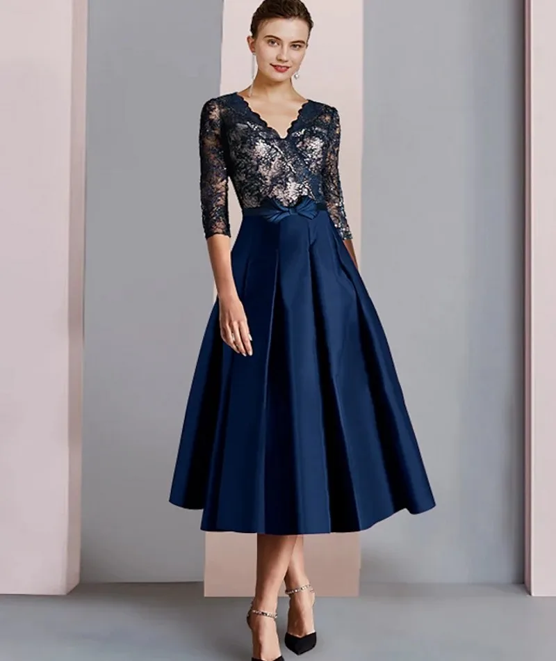 2023 Navy Blue Mother of the Bride Dress V Neck Tea Length Satin Lace Half Sleeve Bow Wedding Party Gowns Robe De Soiree