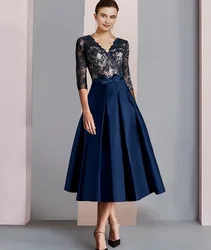 2023 blu Navy madre della sposa abito scollo a V lunghezza del tè pizzo di raso mezza manica fiocco abiti da festa di nozze Robe De Soiree