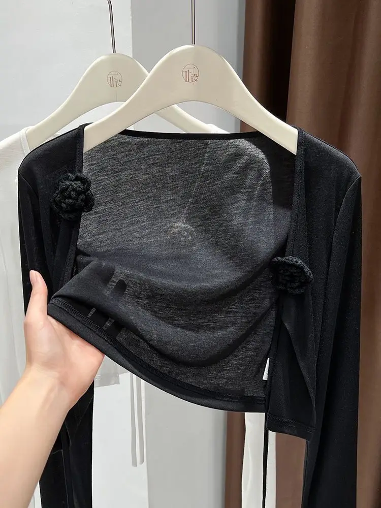 Thin Cardigan 2026 Women's Clothing Sueter Mujer Bandage Long Sleeve Solid Color Pull Femme Knitting Summer Cropped Sweater Tops