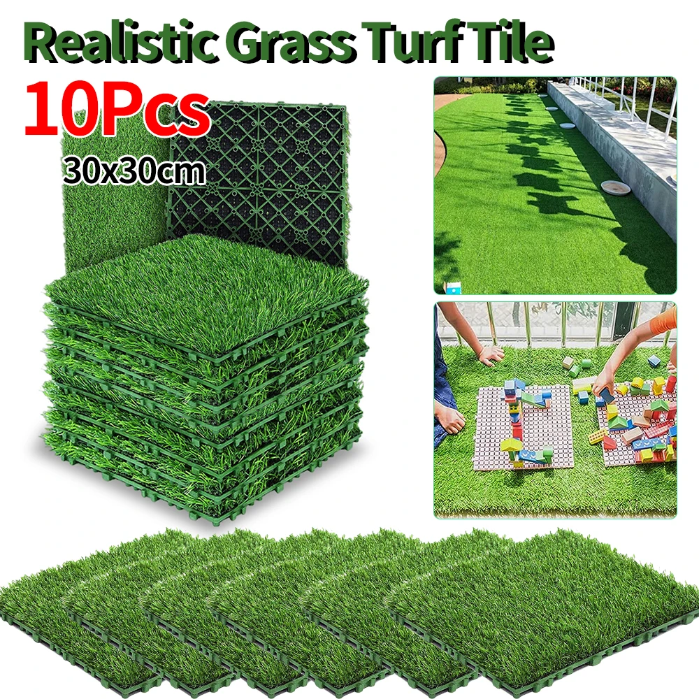 10 Pcs 30x30cm Realistic Grass Turf Tile Green Interlocking Square Artificial Grass Mat Fake Grass Deck Turf Tiles for Garden