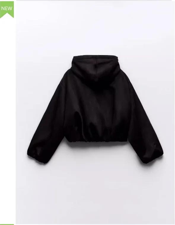 سترة نسائية قصيرة جديدة للخريف من الجلد الصناعي مع غطاء للرأس 30833 72 بأسلوب عملي وإغلاق بسحاب وأكمام طويلة وتصميم فضفاض #2