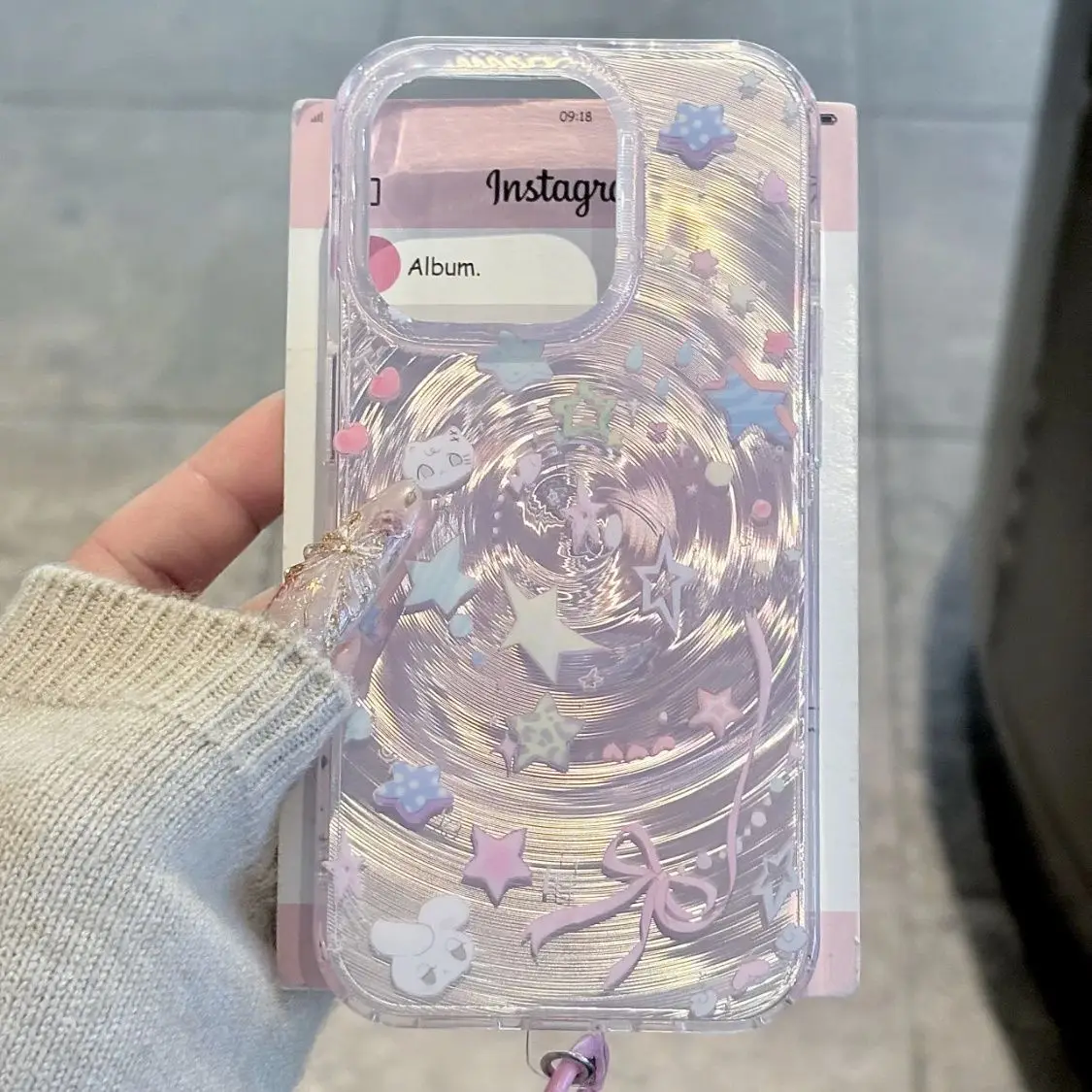

Purple Flowing Light Vortex Star Bow Cat Rabbit Cartoon Phone Case for iPhone 16 Pro Max 15 Plus 14 Pro 13 12 11 with Pendant