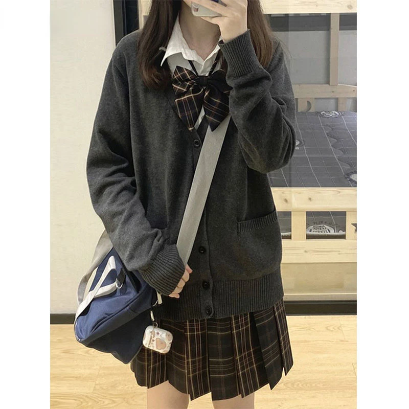 

College Sweater Outerwear Cardigan JK Uniform Autumn Winter Japanese Solid V-neck Button Pocket Loose Thin Long Sleeved Knit Top