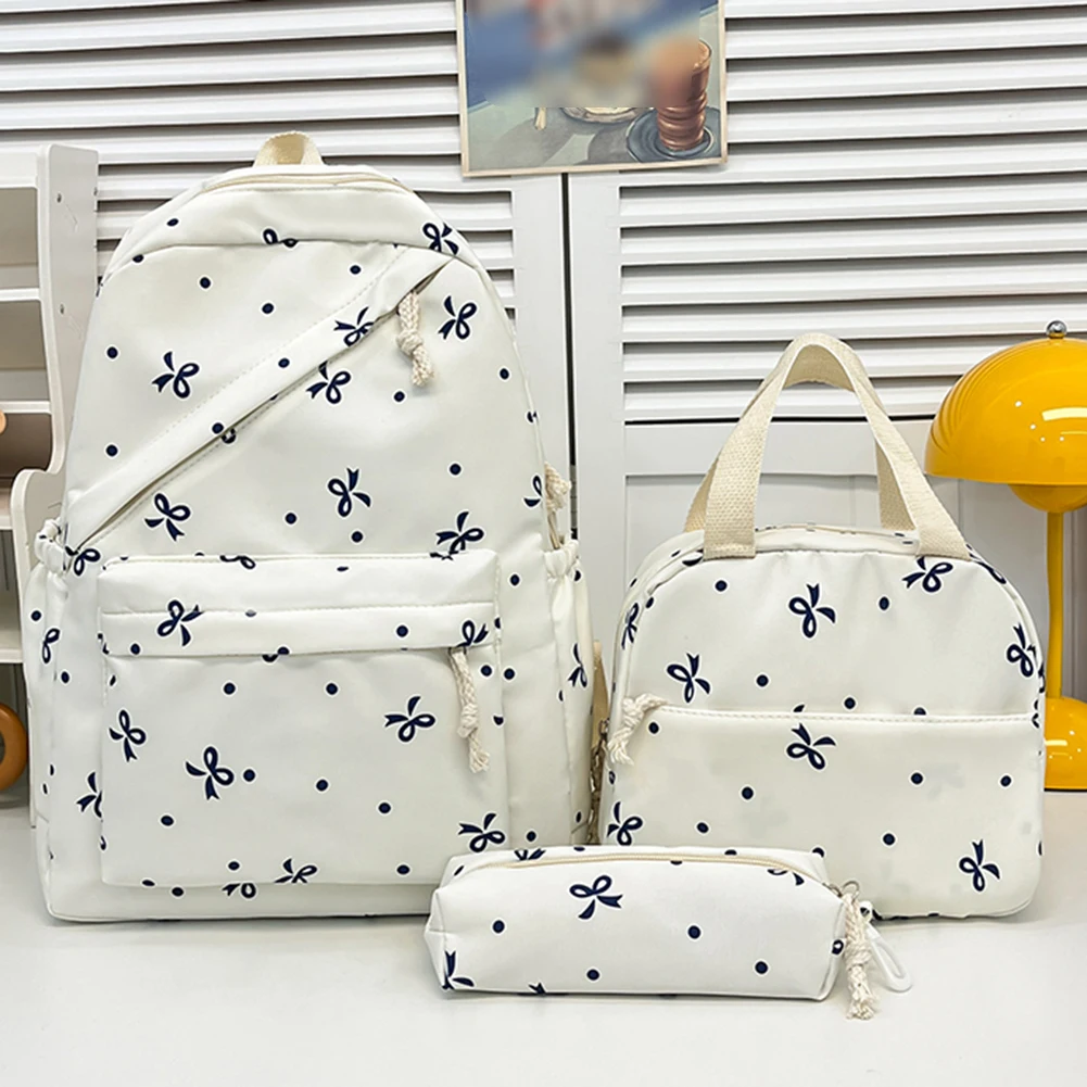 3 Pcs/Set Cute Backpack Large Capacity Bow Print Nylon School Backpacks with Lunch Box and Pencil Case Notebook Schoolbag