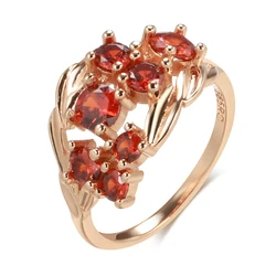 Kinel New 585 Rose Gold Rings for Women Red Natural Zircon Flower Ring Vintage Bride Wedding Fine Jewelry Party Crystal Gift