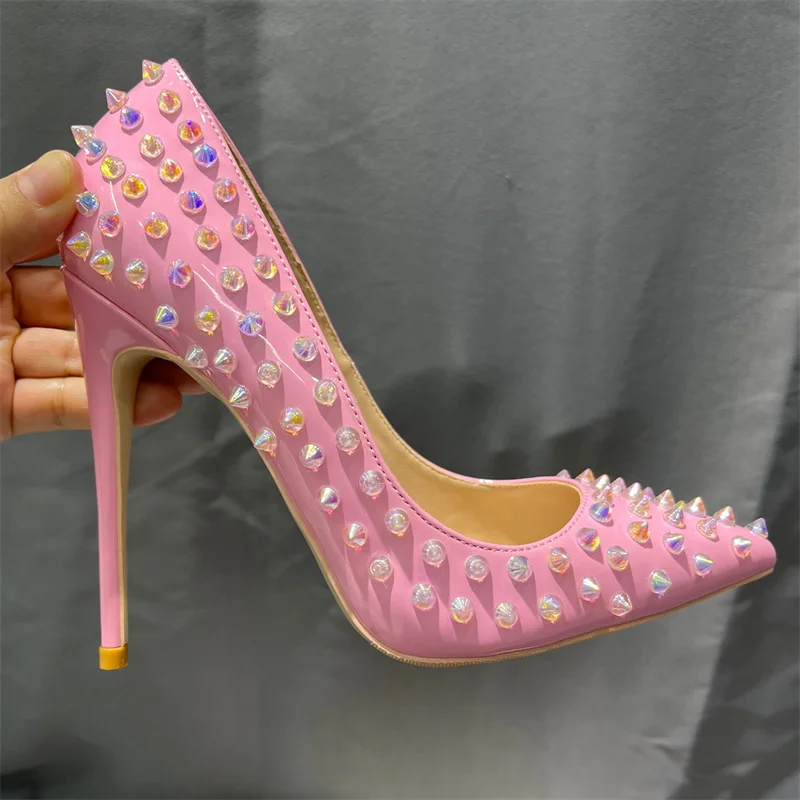 Heelgoo Shiny Spikes Women Patent Pink Pointy Toe Sexy High Heel Party Shoes Rivets Studs Ladies Slip On Stiletto Pumps 8-12cm