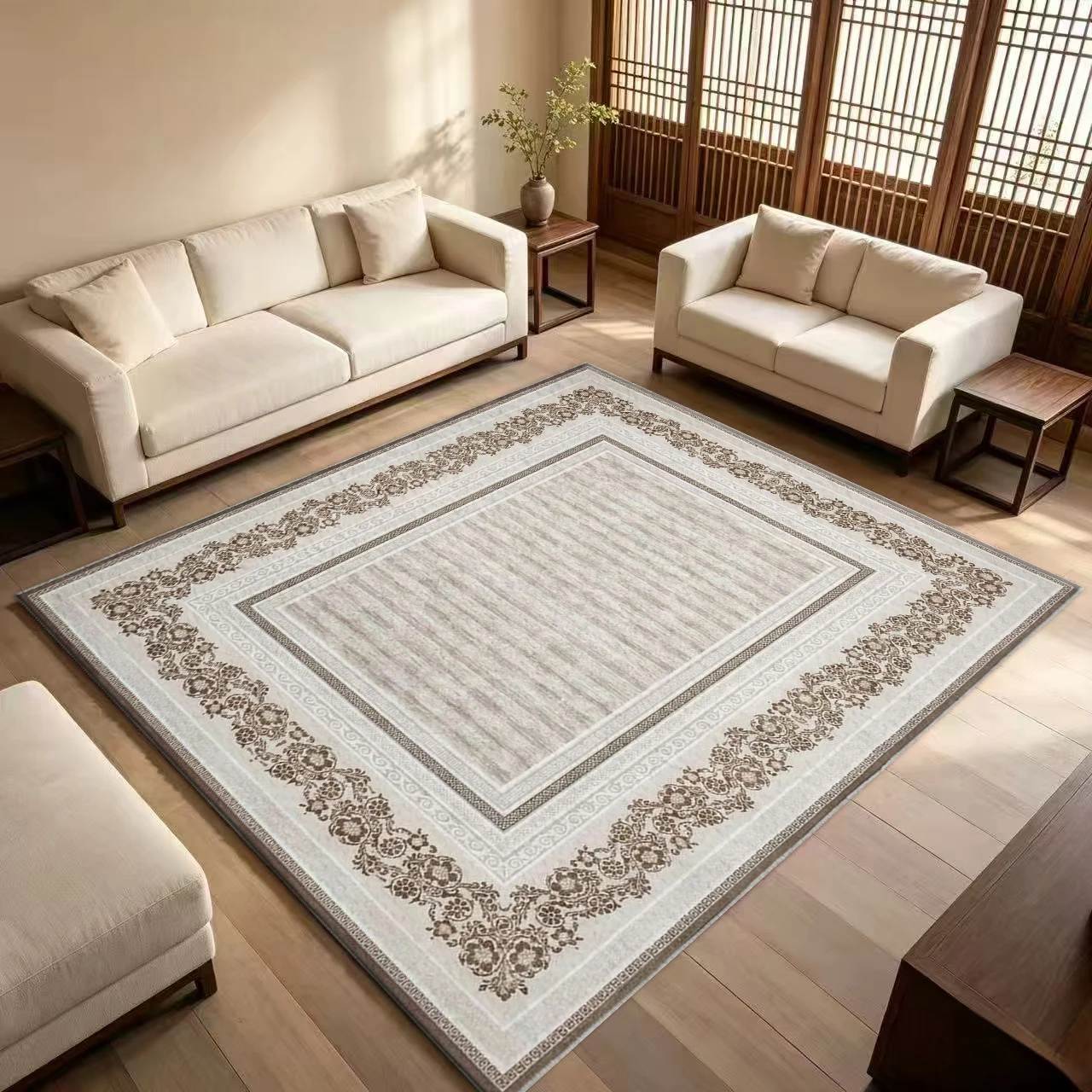 Cream Brown Floral Border Square Rug Non-Slip Vintage Striped Center Floor Mat for Living Room Entryway Home Decoration