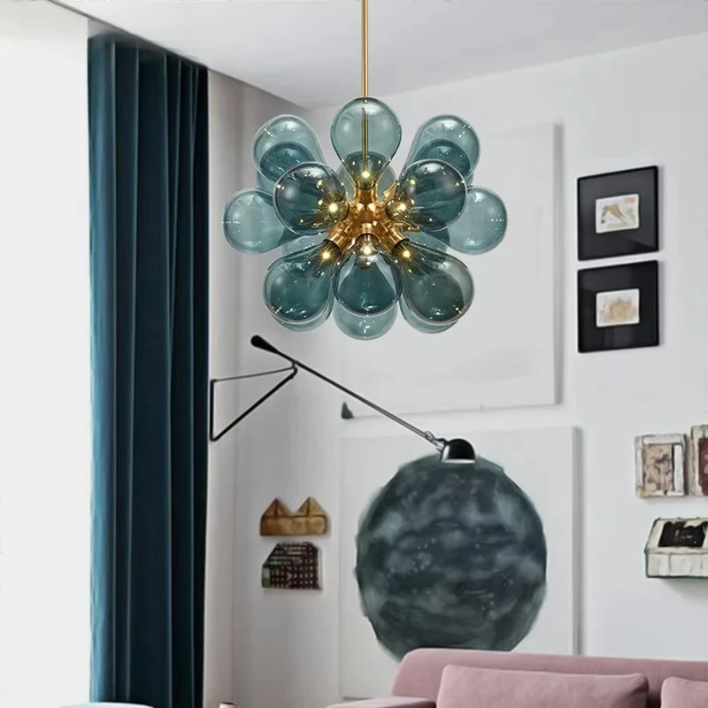 SANDYHA Nordic Bubble Ball Glass Pendant Lights Bedroom Children's Room Blue Pink LED Chandelier Living Room Decor Hanging Lamp