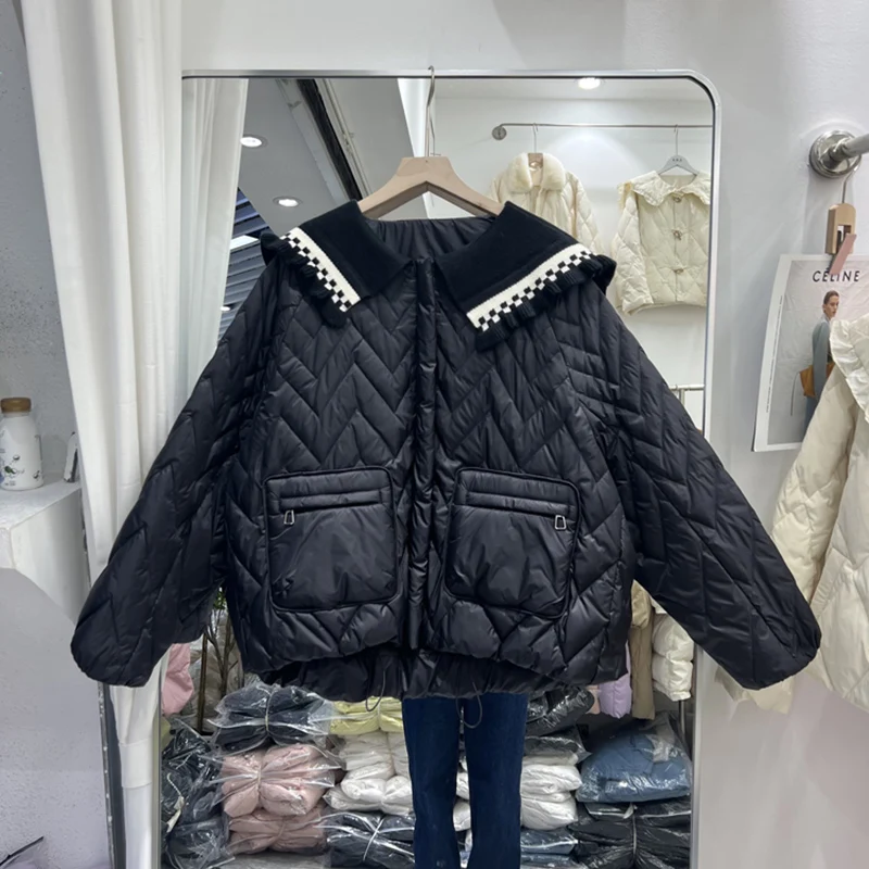 

Winter 2023 New Doll Collar Diamond Down Jacket Women's White Duck Down Coat Long Sleeve Casual Warm Doudoune Femme Abrigos