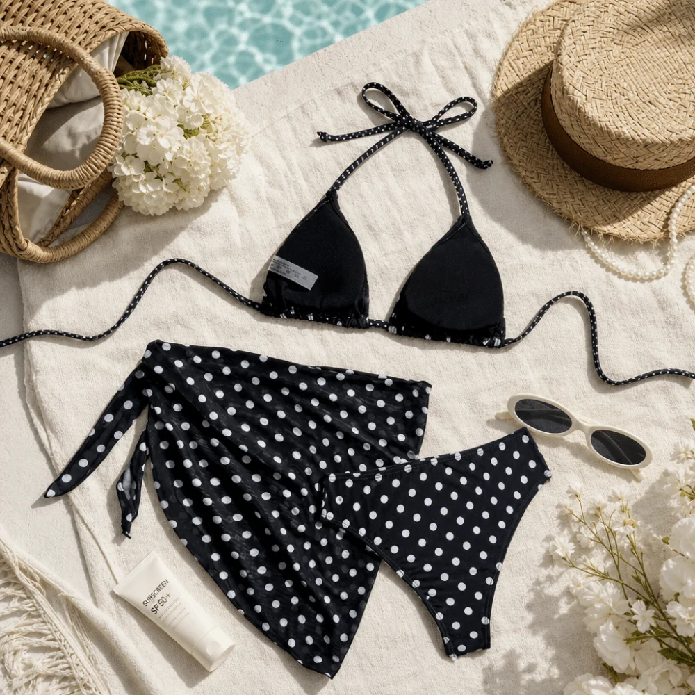 3pcs Beachwear Clothing Halter 3-Piece Swimwear Deep V Dot Print Women Swimsuit Lace Up Slim Fit Bikinis Set Pool Wear