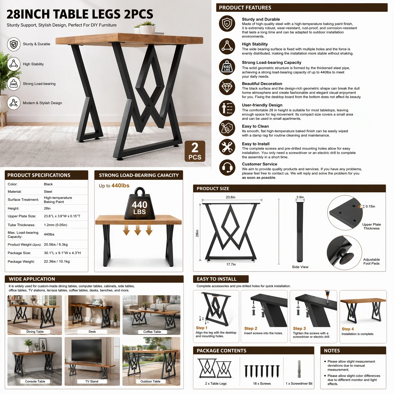 2Pcs Metal Table Legs 28in Black Steel Geometric Table Base, Heavy Duty 440lbs Load DIY Table Legs for Dining Table Coffee Table Desk Side Table