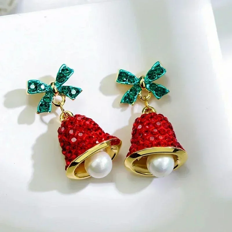 New Zircon Christmas Tree Earrings Bowknot Pearl Wind Chime Bell Earrings For Women Girls New Year Holiday Jewelry Gifts