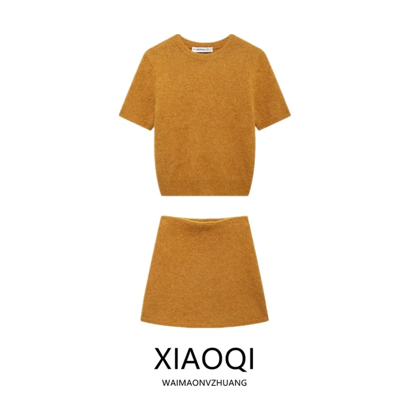 

Women's New Autumn Winter Blend Camel Wool And Wool Short Sleeve Top Half Skirt Fashion Set 25-35 Years Old 2024 Winter