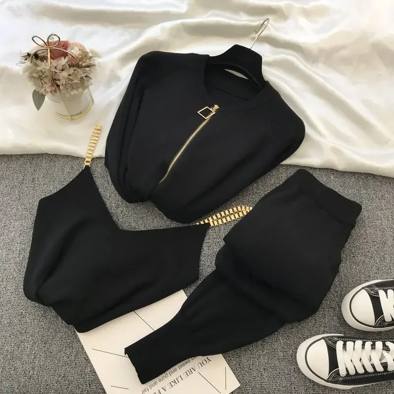 2020 Autumn New Women's Knit Set Casual Zip Cardigan Sweater Knitted Vest Pants 3 Piece Set Female Purple Sweater Set Tracksuits